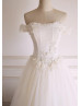 Off The Shoulder Ivory Lace Tulle Basque Waist Wedding Dress